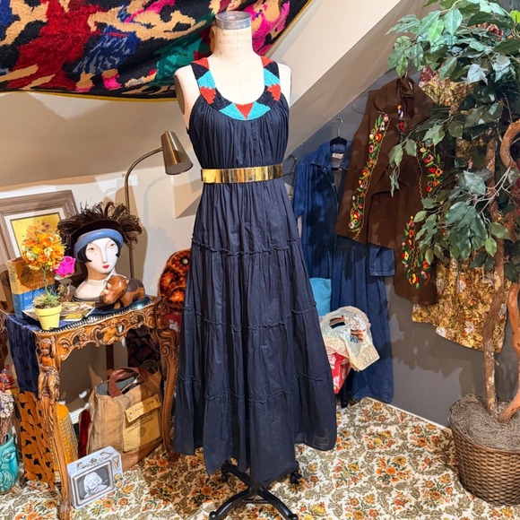 Chaudry Dresses & Skirts - Chaudry Black Cotton Beaded Neckline Tiered Maxi Dress Boho - L